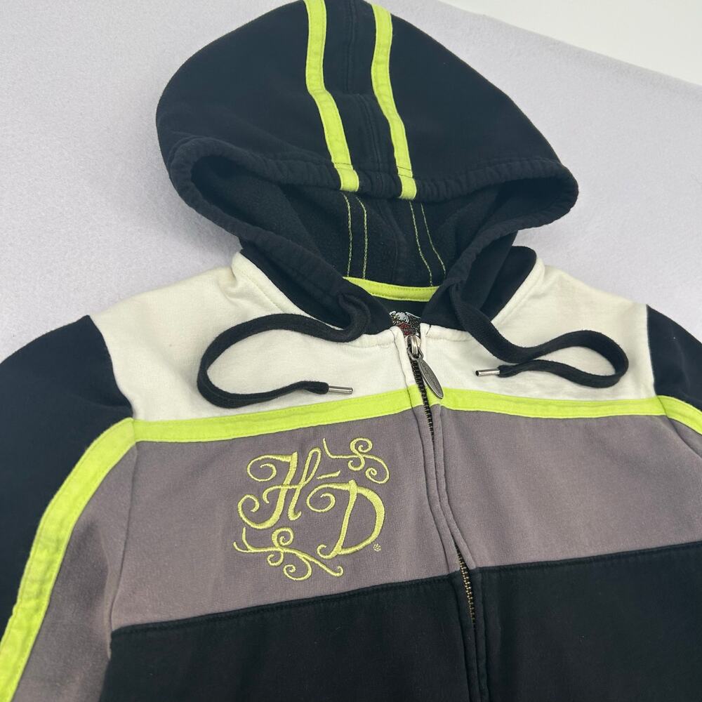 VTG y2k Women's Black Green Embroidered Harley Davidson Hoodie Sweatshirt Sz S - Picture 2 of 7